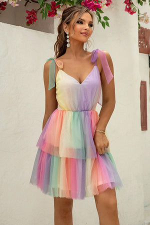 Rainbow tulle mini dress with tie straps and tiered skirt