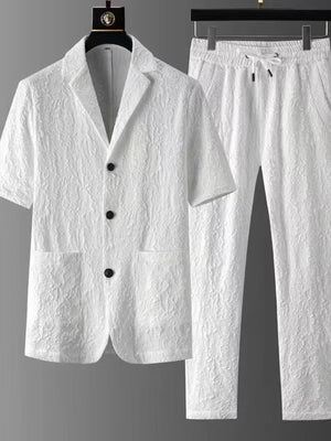 Men's Plus Size Button Up Shirt And Pants Set in Black, front view