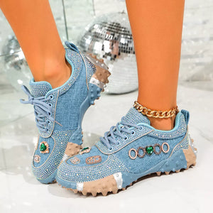 Rhinestone Round Toe Sneakers in Blue, front view
