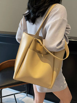 Khaki pu leather tote bag with front pocket and shoulder strap