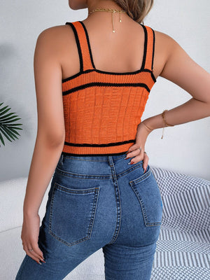 Orange textured knit tank top with black contrast trim and square neckline