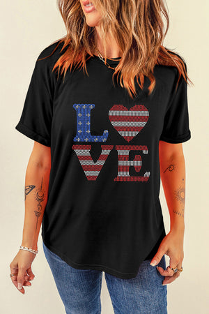 Black cotton t-shirt with rhinestone "LOVE" graphic in patriotic colors.