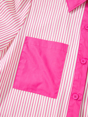 Button-down mini dress with pink and white stripes, a pink pocket, and pink buttons.