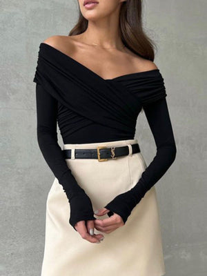 Black off-shoulder bodysuit with ruching detail and long sleeves