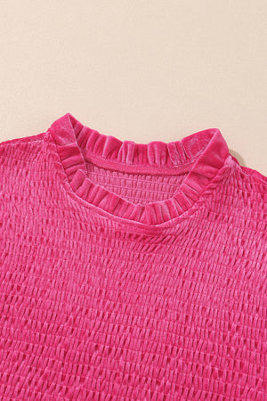 Hot Pink velvet smocked bodice mini dress with ruffled mock neck.