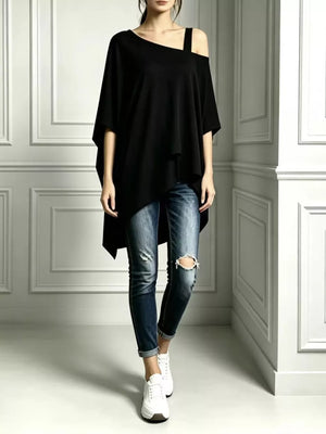 Full Size Asymmetrical Neck Short Sleeve T-shirt Plus Size in Navy, side view