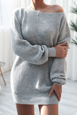 Gray ribbed knit off-the-shoulder mini dress with long sleeves