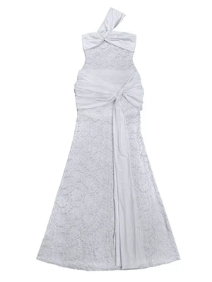 Lace One-shoulder Maxi Dress in White, back view