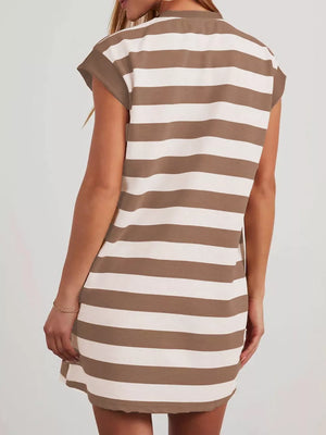 Striped mini dress with cap sleeves and a casual fit, shown in brown and white.