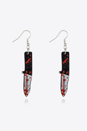 Gory blade drop earrings with red splatter detail on black and silver.