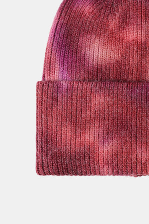 Ribbed knit beanie with pink and magenta tie-dye pattern