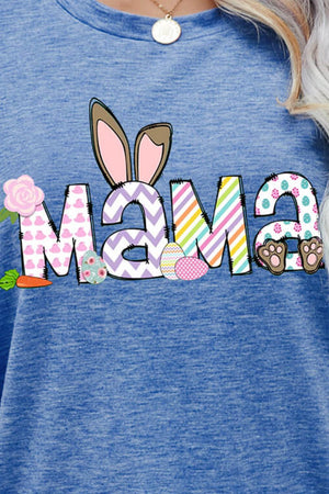 Misty Blue graphic tee with Easter Mama bunny ears, eggs, carrots, and floral details.