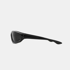 Black sculpted sport sunglasses with dark lenses and silver stud detail.