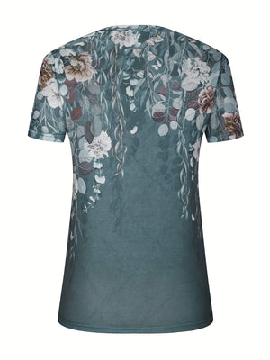 Bohemian tapestry blouse in French Blue with a floral vine print and short sleeves.