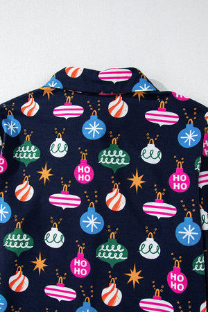 Navy blue lounge set with festive bauble print and collar detail.