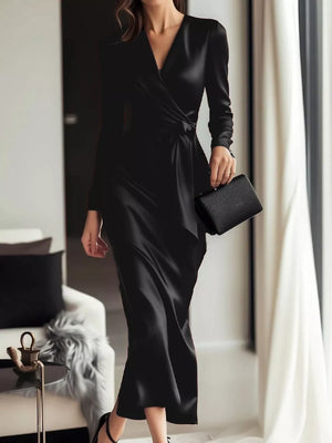Satin Long Sleeve Wrap Dress in Black, front view