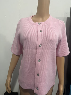 Dusty Pink ribbed button-down cardigan with short sleeves and a slightly cropped length.