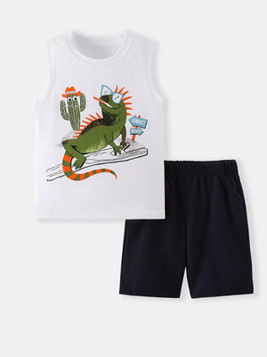 Toddler white cotton tank top with lizard graphic and navy shorts.