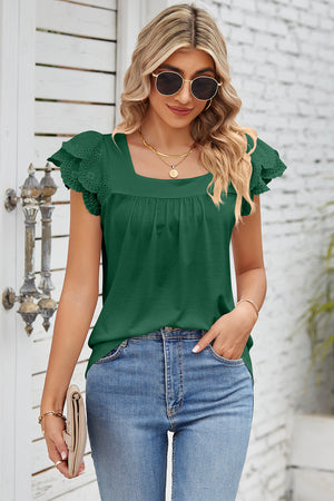 Dark Green eyelet flutter sleeve square neck blouse with gathered detail