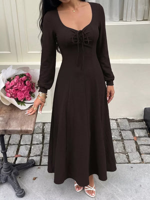 Long Sleeve Tie-front Maxi Dress in Brown, model styling view