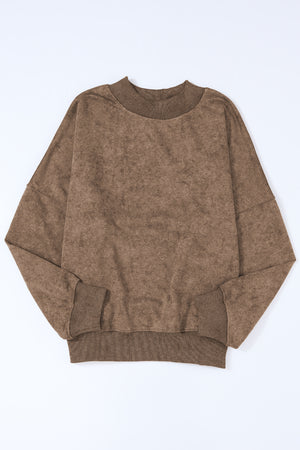 Taupe acid wash mock neck sweatshirt with ribbed cuffs and hem