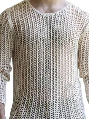 Ivory open-knit crewneck long sleeve sweater with a sheer, textured pattern.