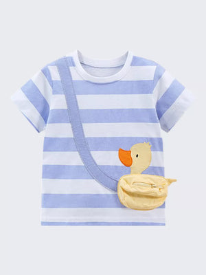 Baby T-shirt with blue and white stripes, featuring a duck applique with a functional zipper pocket.