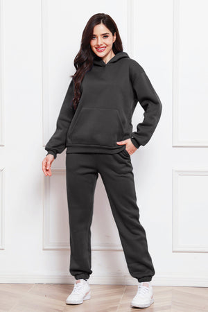 Dark Gray relaxed fit hoodie with front pocket and matching joggers.