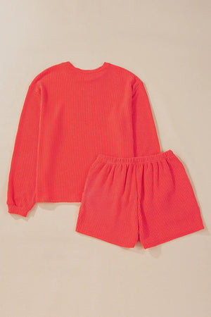 Orange-Red ribbed long sleeve top and shorts matching set