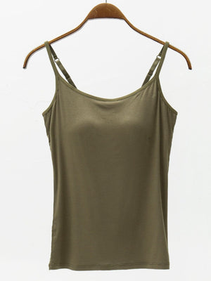Army green cami with adjustable straps and scoop neckline.
