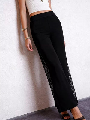 Black high-waist pants with lace trim detail on the side seams.