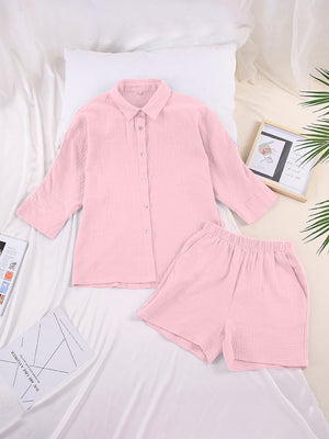 Pink gauze cotton resort shirt and shorts set with button front and elastic waist shorts.