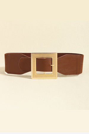 Brown elasticated waist belt with textured gold square buckle
