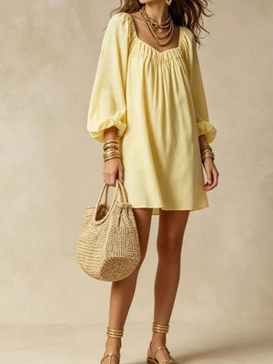 Flowy Balloon Sleeve Mini Dress in Army Green, model styling view