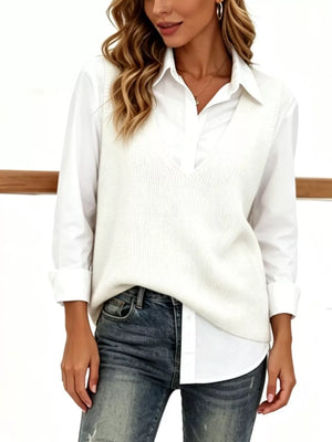 Chic V-neck Sleeveless Knit Sweater Vest Plus Size in White, fit detail