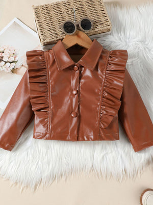 Brown faux leather toddler jacket with ruffled front and button closure