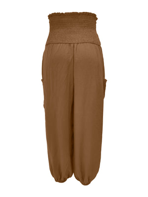 Coffee smocked waist harem pants with pockets and ankle cuffs