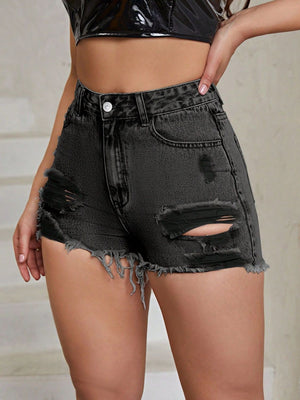 Black distressed denim shorts with frayed hem and ripped details.