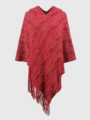 Hooded mélange cape in wine with diagonal stripes and fringe detail