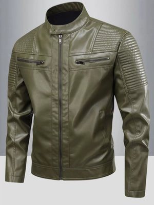 Plus-size green leather motorcycle jacket with quilted shoulder details and zippered pockets.