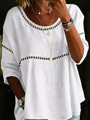 White bohemian t-shirt with openwork floral details at neckline and waist, 3/4 sleeves