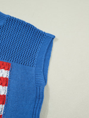 Blue acrylic knit top with American flag graphic detail and open knit sleeves.