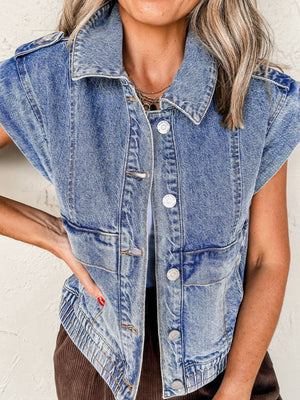 Boxy medium wash denim vest with button front and shoulder detail