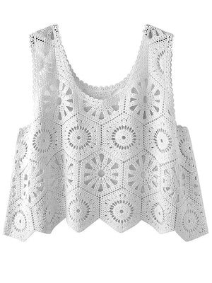 White crochet medallion tank top with scalloped hem and intricate openwork pattern.