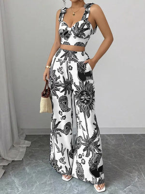 Tropical print crop top and wide-leg pants set with tie straps and smocked waist.