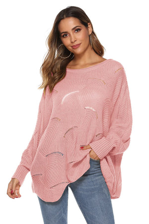 Dusty Pink openwork knit sweater with boat neck and cocoon sleeves.