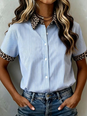 Blue striped button-down shirt with leopard print collar and cuffs