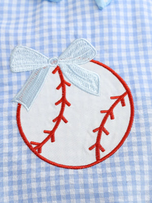 Baby one-piece in pastel blue gingham with a baseball embroidery and light blue bows.