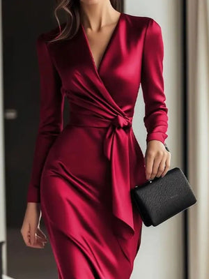 Burgundy satin maternity dress with V-neck and tie-waist detail