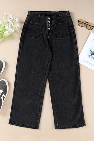 Black denim wide-leg jeans with button-fly and front patch pockets.